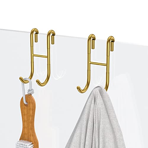 304 Stainless Steel Shower Door Hooks, Gold, 2 Pack Over Shower Glass Door Hook, Rack Hooks, Frameless, Bathroom Hanger, Drilling-Free, Glue-Free, Towel Hooks for 0.47inch Thickness Glass - color: Gold, size: 2PC