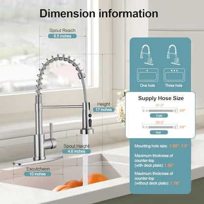 Kitchen Faucets with Pull Down Sprayer, Brushed Nickel Stainless Steel Single Handle Pull Out Spring Sink Faucet, 3 Function Sprayer 1 or 3 Hole Deck Plate for Farmhouse Laundry Rv Bar - color: Brushed Nickel, style: Classic