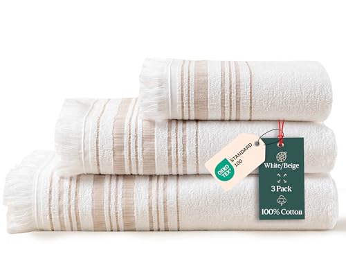 Chakra Derin 40% Rayon Derived from Bamboo 60% Turkish Cotton Bath Towels Set, 3-Piece Luxury 13"x13" Washcloth, 20''x30'' Hand & 30"x56" Bath Towel Set for Bathroom, White/Beige - color: White/Beige - Derin, size: 3-Piece Set - (13"x13", 20''x30'', 30"x5