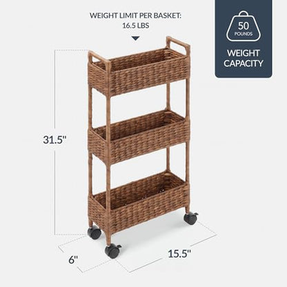 Best Choice Products 3-Tier Slim Water Hyacinth Rolling Nursery Caddy w/Wheels, Handwoven Utility Cart, Narrow Storage Organization for Bathroom, Craft Room, Laundry Room - Chestnut - color: Chestnut