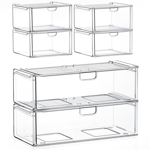 6-Pack Acrylic Stackable Storage Drawers for Vanity, Desk, Bath | 2 large & wide 13" drawers, Smooth-glide, stackable, clear body, dustproof, wipe clean, for makeup, pantry jars, under sink - style: 2 Large+4 Medium Drawers
