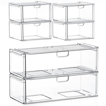 6-Pack Acrylic Stackable Storage Drawers for Vanity, Desk, Bath | 2 large & wide 13" drawers, Smooth-glide, stackable, clear body, dustproof, wipe clean, for makeup, pantry jars, under sink - style: 2 Large+4 Medium Drawers