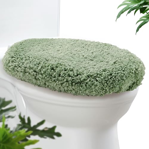 Soft Microfiber Toilet Lid Cover 17.5" x 15" Machine Washable | Solid Toilet Seat Cover Adjustable Rubber Backing Fits Most 16 -17.5" L x 14-16" W Round Oblong and Elongated Toilet Seat - color: Olive Green