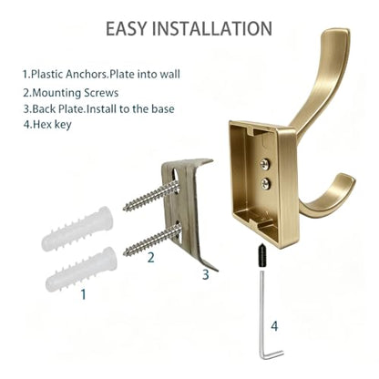 Brushed Gold Heavy Duty Wall Mounted Towel Hooks for Bathroom Bedroom | Metal Double Rust-proof Robe Coat Hooks for bath Kitchen Pool Garage Hotel Mudroom - color: Brushed Gold 4