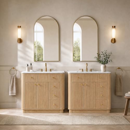 T4TREAM 72" Fluted Bathroom Vanity with 2 Single Sinks, Natural Oak | Integrated Ceramic Sink, Large Storage Cabinet, Adjustable Shelf, 3 Drawers, Three pre-drilled faucet holes, Mid-Century - color: Natural Oak, size: 72" (2 Single Sinks)