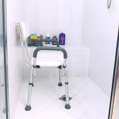 Deluxe Armed Shower & Bath Chair with Back & Arms, Snap On Tool Free Assembly, Lightweight & Seat Height Adjustable, Great for Travel (Bench with Back)