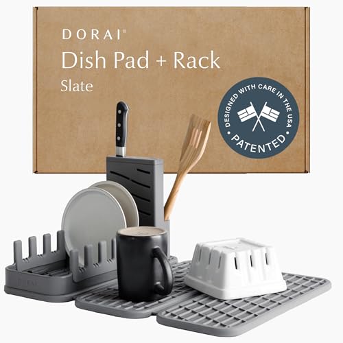 Dorai Home Collapsible Dish Drying Rack with Stone Dish Pad - Kitchen Counter Set with Diatomaceous Earth Stone Dish Mat for Quick Drying - Space-Saving Design - Original 19.9"x15.2", Slate - color: Slate, size: Original + Rack