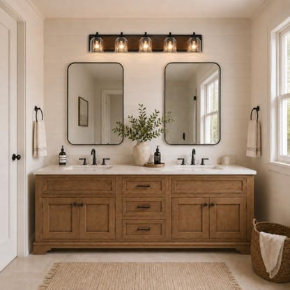 5-Light Bathroom Vanity Lights Large 40" with Bubble Glass Shades | Farmhouse Rustic style, Hand-Painted Brown Wood-Grain Metal Backplate, E26 Ceramic Socket, UL&ETL, mount up/down, over mirror - color: Brown, size: 5-Light