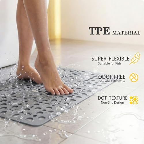 Nonslip Bath Tub Shower Mat with Suction Cups, Extra Soft TPE Bath Mat for Kids, Bathtub Bathroom Mats, Machine Washable, Smooth/Non-Textured Tubs Only, 30L x 17W Inch (Light Gray) - color: Light Gray, size: 30" x 17" (Rectangular)