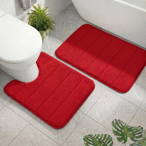 2 Piece Memory Foam Bath Mat Set, Extra Soft Absorbent Bathroom Rugs with U-Shaped Toilet Rug, Non-Slip Backing, Machine Washable, 24x16 + 20x20 U-Shaped, Red - color: Red