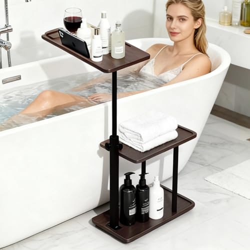 3 Layer Bathtub Tray Table,Bamboo Swivel Bathtub Side Table Height Adjustable,Freestanding Bathtub Tray for Tub Against Wall,Bathtub Accessories&Bathroom Organizer for Luxury Home Spa (Brown1) - color: Brown1