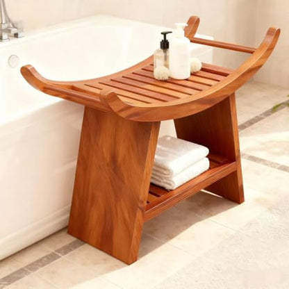 23" Teak Shower Bench Shoe Storage Bench Teak Shower Stool Curved Seat,Wooden Stool for Bathroom,Teak Wood Shower Seat Chair with Shower Storage Shelf,Hold Up to 500 LBS