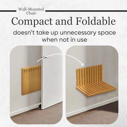 Wall Mounted Folding Chair, Bamboo Fold Down Seat for Entryway, Shower and Small Spaces, Holds 260 lb (120 kg), Space Saving Wall Bench, Mounting Hardware Included