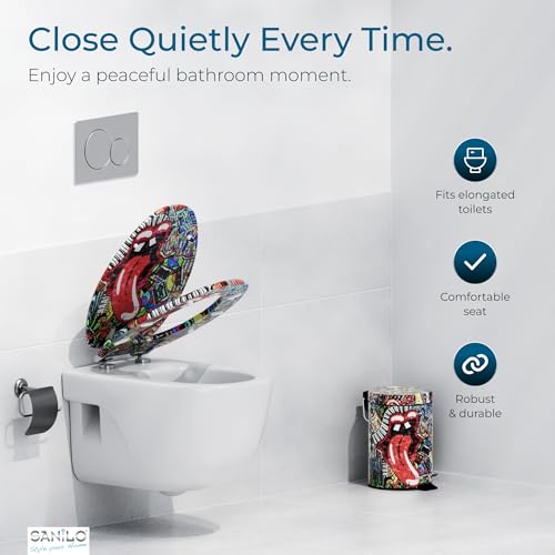 SANILO Wooden Toilet Seat with Soft Close [ELONGATED] - Decorative, Quiet & Slow Close Molded Wood Seat - With Strong Bumpers & Hinges - Adjustable Fit - Graffiti - color: Graffiti