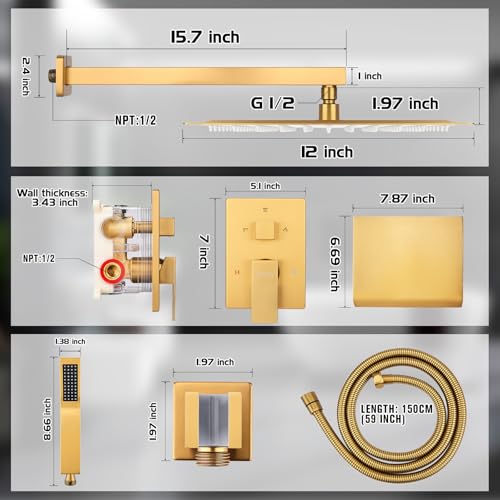 12 Inch Rainfall Shower System with Tub Spout Wall Mounted Complete Combo with Solid Brass Pressure Balancing Valve, High Pressure Shower Head, Handle Set & Installation Accessories - color: Brushed Gold