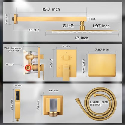 12 Inch Rainfall Shower System with Tub Spout Wall Mounted Complete Combo with Solid Brass Pressure Balancing Valve, High Pressure Shower Head, Handle Set & Installation Accessories - color: Brushed Gold