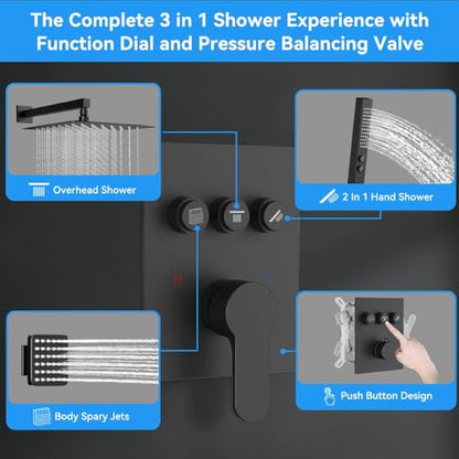 STARBATH Shower System with 4 Body Jets, 12" Wall Mounted Rain Shower System with Handheld Spray, Can Use All at Once, Push Button Complete Shower Faucets Sets with Valve and Trim Kit,Matte Black - color: Matte Black, size: 12"-04