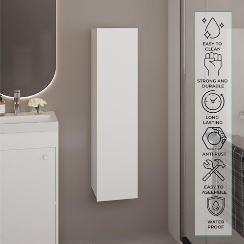 Tuhome Tall Wall Cabinet, 43.3" High Slim One Door Storage with Adjustable Shelves, White Wall Mounted Bathroom Wall Cabinet & Kitchen Wall Cabinet for Toiletries, Towels, Spices