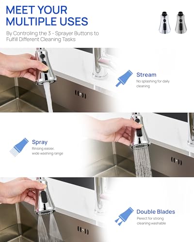 Chrome Kitchen Sink Pull Down Sprayer Head Replacement with 15 Adapters | Sink Faucet Head Replacement, High Pressure Sprayer Nozzles, 3 Functions Faucet Sprayer Attachment for Kitchen Faucet - color: Chrome