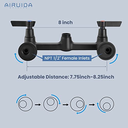 Airuida 8 Inch Matte Black Wall Mount Kitchen Sink Faucet | 2 Handle Kitchen Faucet,without Adapter,360° Swivel Spout,Commercial Sink Faucet,for Laundry Utility - color: Matte Black
