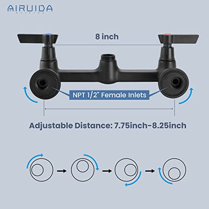 Airuida 8 Inch Matte Black Wall Mount Kitchen Sink Faucet | 2 Handle Kitchen Faucet,without Adapter,360° Swivel Spout,Commercial Sink Faucet,for Laundry Utility - color: Matte Black