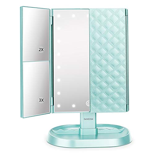 Trifold Lighted Vanity Makeup Mirror with 21 LED Lights,1x/2x/3x Magnification Touch Screen Dimming,Two Power Supplies Makeup Mirror, Gift for Women - color: Green