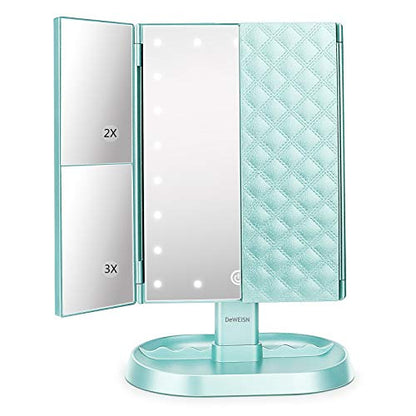 Trifold Lighted Vanity Makeup Mirror with 21 LED Lights,1x/2x/3x Magnification Touch Screen Dimming,Two Power Supplies Makeup Mirror, Gift for Women - color: Green