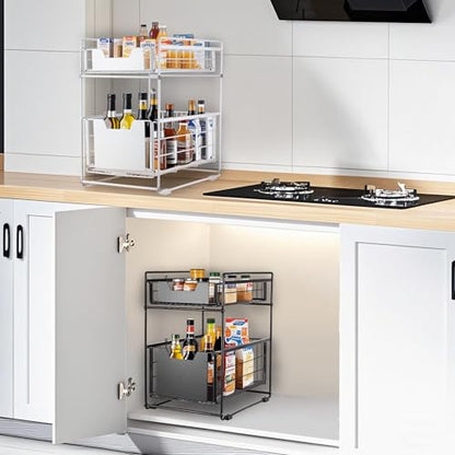 2 Tier Under Sink Organizer,Slide Out Kitchen Cabinet Organizer,Pull Out Pantry Storage with 2 baskets, Office Supplies,Kitchen,Bathroom Organizer with Sliding Drawer,Large Capacity,Multi-Use