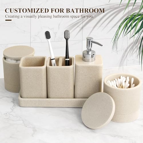 Bathroom Accessories Set, 6 Piece Soap Dispenser Set - Sand Beige | Bathroom Set with Toothbrush Holders, Soap Dispenser, Vanity Tray, Tumbler, Cotton Swab Jars, Bathroom Organizer and Storage - color: Beige