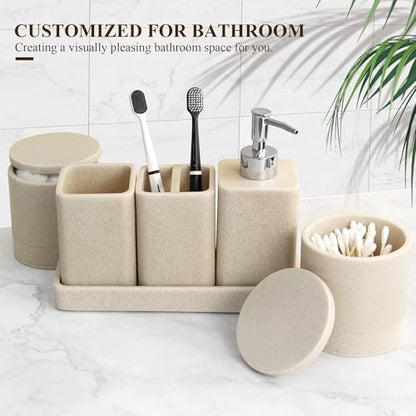 Bathroom Accessories Set, 6 Piece Soap Dispenser Set - Sand Beige | Bathroom Set with Toothbrush Holders, Soap Dispenser, Vanity Tray, Tumbler, Cotton Swab Jars, Bathroom Organizer and Storage - color: Beige