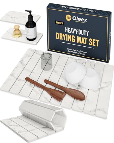 Oleex 3-Pack Stone Dish Drying Mat Set Includes 1 Large 24”x16” & 2 Small 4”x9” for Kitchen Counter-Collapsible Diatomaceous Earth Pad Absorbs Water & Dries Dishes Fast, Non-slip, Odor-Resistant Mats - color: White Marble