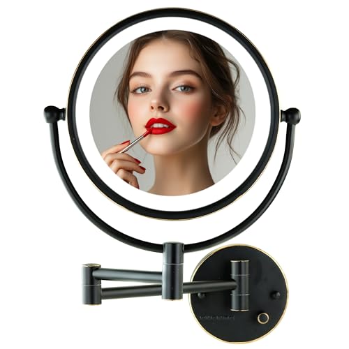 OVENTE Hardwired Wallmount Bathroom Mirror, Rubbed Bronze MPWD3185BZ1X7X | 9" Double Sided Lighted Makeup Mirror with 1X/7X Magnification, Dimmable LED Lights, 360° Rotation, Extendable Folding Arm - color: Oil Rubbed Bronze, size: 14.5"L x 10.7"W