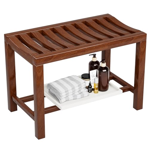 Rubber Wood Shower Bench, Non-Slip Waterproof Wooden Shower Stool for Adults & Elderly, Sturdy Bath Seat for Inside Shower or Tub – 24.02" D x 14.96" H x 6.3" W - size: 24.02"