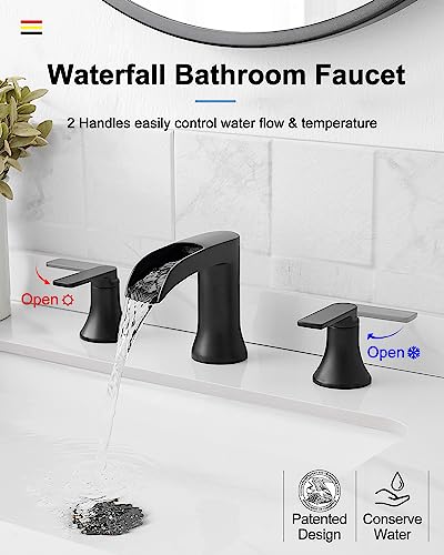 Waterfall Bathroom Sink Faucet, Brass Black Bathroom Faucet, 4-8 Inch 2 Handles Widespread Bathroom Faucets for Sink 3 Hole Vanity Lavatory Farmhouse RV with Pop Up Drain and Supply Hose - color: Matte Black, style: WITH Pop Up Drain