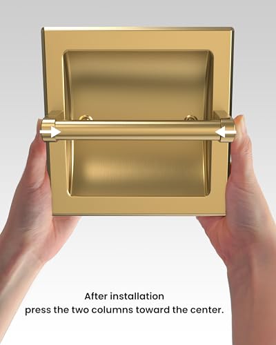 Recessed Gold Toilet Paper Holder Wall Mounted 304 Stainless Steel | Brushed Brass Post Pivoting Design Easy to Change Roll, in Wall Toilet Paper Holder for Mega Roll Waterproof & Rustproof - color: Gold