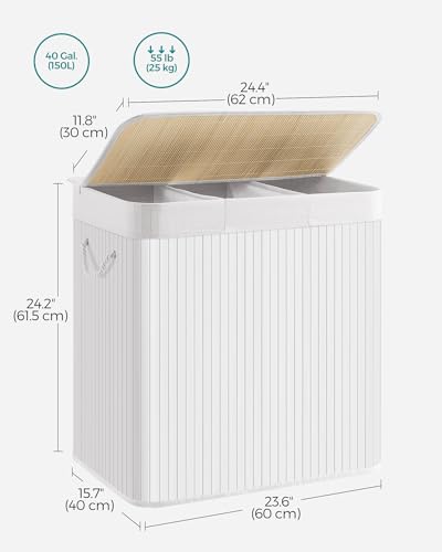 SONGMICS Laundry Hamper, 39.6 Gallons (150L), 3-Section Laundry Basket, Laundry Hamper with Lid, Bamboo, Foldable, Removable and Machine Washable Liner, for Laundry Room, Bedroom, White ULCB091W01 | Foldable Laundry Basket, Removable and Machine Washable