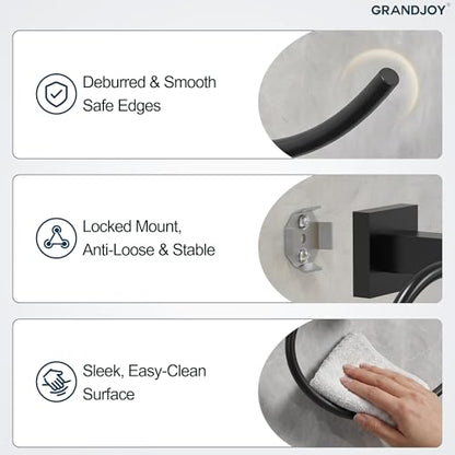 8.5 Inch Matte Black Hand Towel Ring for Bathroom, SUS304 Stainless Steel Wall Mounted Hand Towel Holder, Modern Square Base Swivel Towel Hanger, Heavy Duty - color: Matte Black