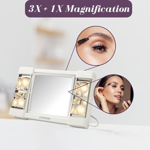JERDON Lighted Makeup Mirror with 3X Magnification - White - J1010 | Two-Sided 6" x 6" Square Frame, Glare-Free Lighting