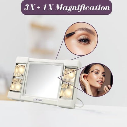 JERDON Lighted Makeup Mirror with 3X Magnification - White - J1010 | Two-Sided 6" x 6" Square Frame, Glare-Free Lighting