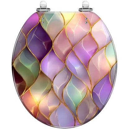 Round Resin Toilet Seat, Quietly Close Quick Release Hinges Cover | Toilet Lid Cover Easy to Clean and Install, Luxurious Iridescent Mosaic Gold Edged Leaf Heavy Duty Toilet Seat - color: pattern4, size: O-shape