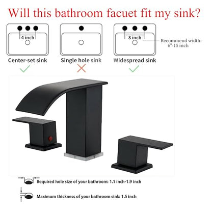 Bathroom Faucet 3 Hole, Matte Black Waterfall Bathroom Faucets, 8 Inch Widespread Modern Bathroom Sink Faucet & Parts, Wide Spread Touch On Three Hole 2 Handle Bathroom Vanity Faucet - color: Matte Black