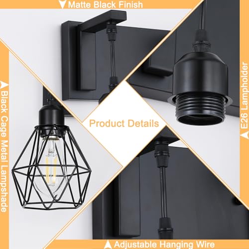 Somniferous Farmhouse Bathroom Light Fixtures, 3 Light Bathroom Vanity Lights Over Mirror, Black Vanity Light with Caged Metal Shade, Rustic Wall Sconce for Bedroom, Living Room, Hallway, E26 Socket - size: 3-Light
