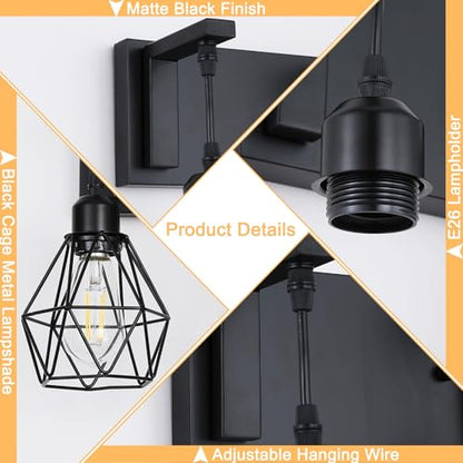 Somniferous Farmhouse Bathroom Light Fixtures, 3 Light Bathroom Vanity Lights Over Mirror, Black Vanity Light with Caged Metal Shade, Rustic Wall Sconce for Bedroom, Living Room, Hallway, E26 Socket - size: 3-Light