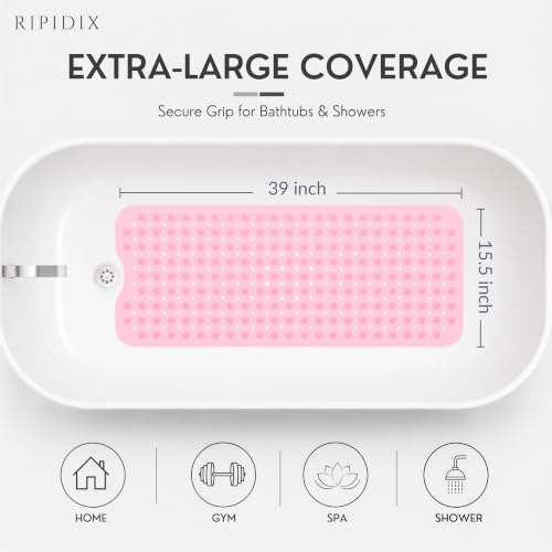 Bathtub Mat Non-Slip – 39" x 15.5" Extra Long Shower Mat with Suction Cups, BPA Free & Machine Washable, Textured Bath Mat for Tub, Ideal for Kids, Seniors & Pregnant Women, Clear Pink - color: Light Pink