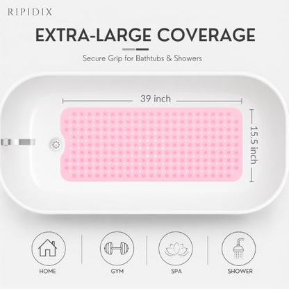 Bathtub Mat Non-Slip – 39" x 15.5" Extra Long Shower Mat with Suction Cups, BPA Free & Machine Washable, Textured Bath Mat for Tub, Ideal for Kids, Seniors & Pregnant Women, Clear Pink - color: Light Pink
