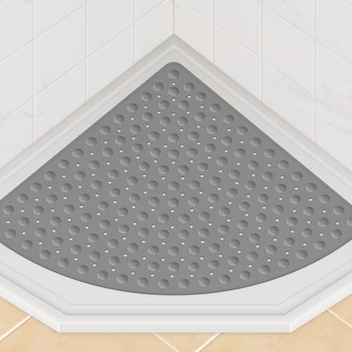 Yolife Large Corner Shower Mat, 25.6" x 25.6" Non Slip Shower mats for Inside Shower, Shower Mat with Drain Hole, Machine Washable Shower Floor Mat, Bathtub Mat Non Slip with Suction Cups, Grey
