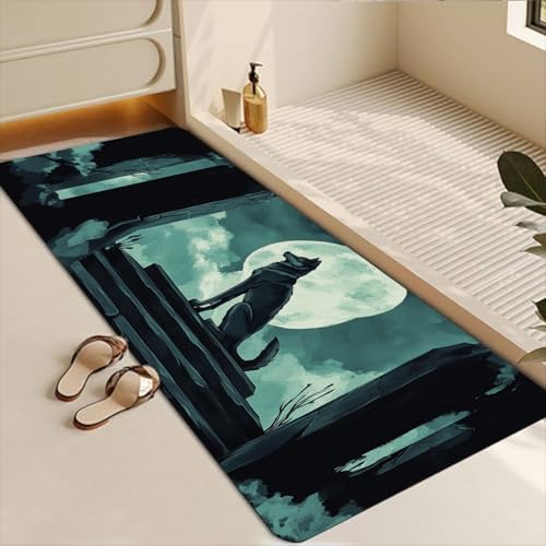 Bathroom Runner Mat Rugs Long,Dark Wolf Moon Illustration Diatomite Stone Bath Mat Large Absorbent Diatomaceous Earth Mat Non Slip Fast Dry Shower Mat Bathroom Rugs Floor Mat 16x42in - color: Design11