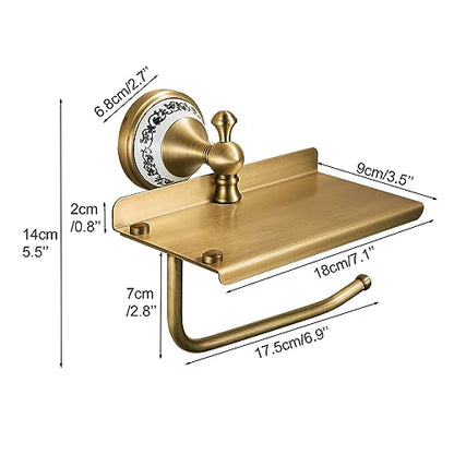 Toilet Paper Holder with Phone Shelf, Bathroom Toilet Paper Roll Holder Antique Bronze Brass Wall Mounted Bathroom Hardware Accessories,Porcelain Design - color: Toilet Paper Holder With Shelf