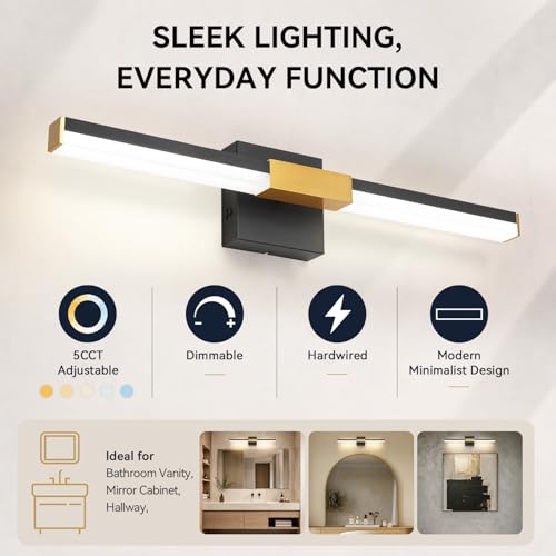 SOLFART Bathroom Light Fixtures 5CCT: Black and Gold 24-Inch LED Bar Dimmable Detachable 4-Way Light Direction Vanity Lights for Bathroom ETL IP44 - color: Black Gold-5CCT, 5-Step Brightness Control, size: 24 inch