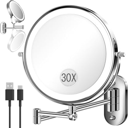 9'' 30X/1X Wall Mounted Lighted Makeup Mirror, Height Adjustable Double Sided 5000mAh Rechargeable Magnifying Bathroom Mirror with Light, 3 Color Modes Touch Dimmable Extended Arm 360 Rotation